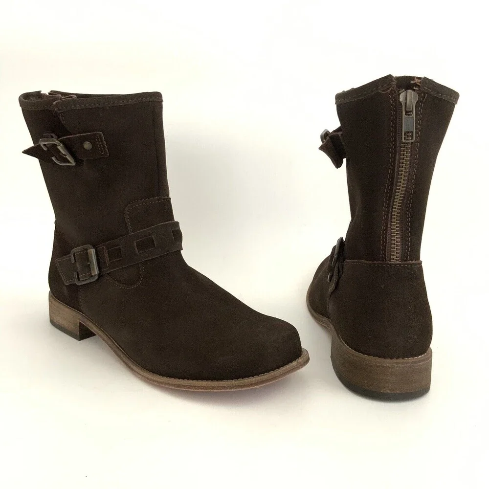 Fitzwell Leather Ankle Boots Brown Double Buckle Zip Back 10